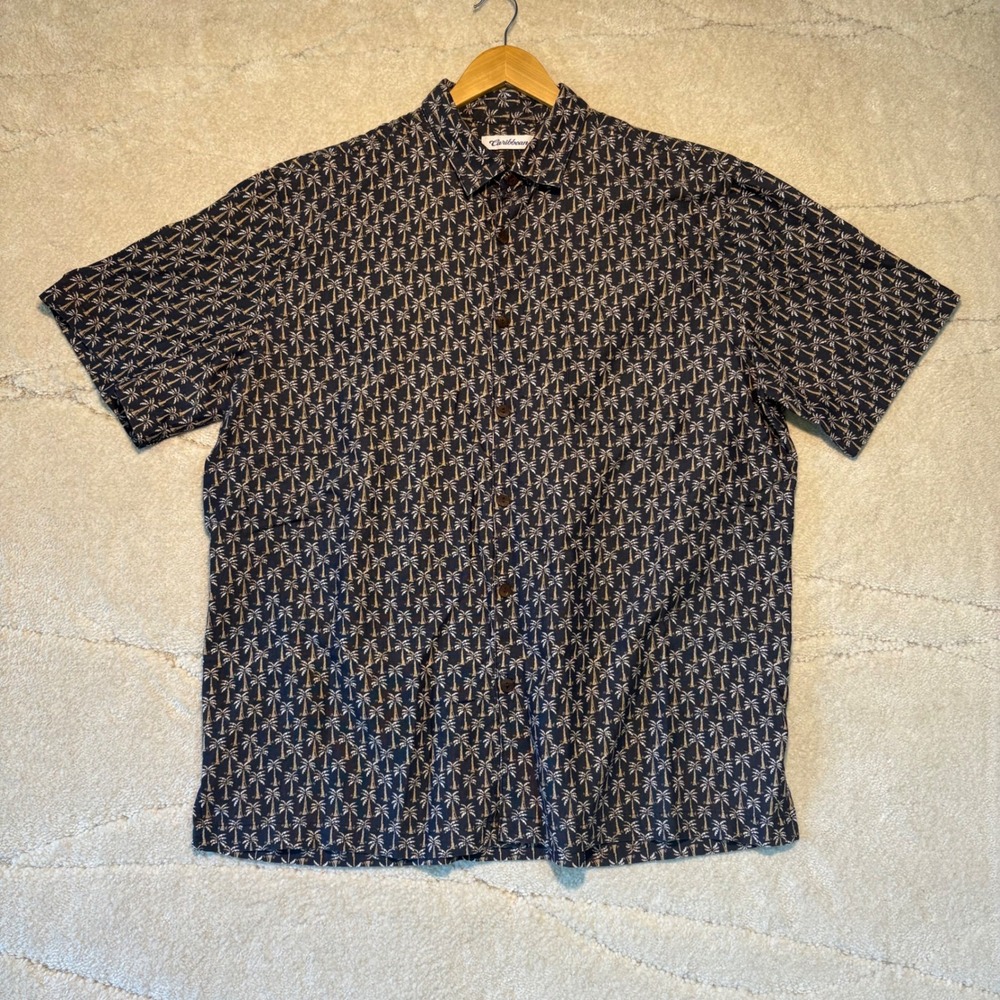 Caribbean Mens XL Palm Tree Print Short Sleeve Button Down Shirt Navy Blue Modal